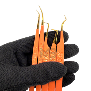 Ensemble de pinces à cils plaquées or orange, pointe précise, forme en L, surface lisse, pour extension de cils - Product Image 6