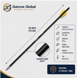 Flèches en fibre de carbone Ganvox Global avec pointe en acier et plumes en plastique, équipement de chasse et de tir à l'arc pour arc recurve, différentes longueurs - Product Image 3