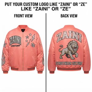 Zaini Enterprises Premium 180 GSM Polyester Satin Bomber <b>Jacket</b> Coral <b>Pink</b> Ribbed Trim Custom Rhinestone Heat Transfer - Product Image 1