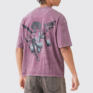 เสื้อยืดโอเวอร์ไซส์ผู้ชายคุณภาพสูงแบบเรียบ ล้างสีแบบแอซิดวอช สกรีนลายวินเทจ ทำสีซีดแบบแอซิดวอช - Product Image 2