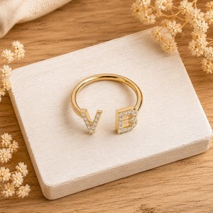 Wholesale Round Cut Lab Diamond Minimalist 10K 14K 18K Solid Gold Initial <b>Cuff</b> Ring Personalized Two Letter Open Adjustable Ring - Product Image 3