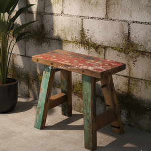 Banco Rita de Madera de Barco Reciclada, Color Original, Diseño Ecológico y Sostenible, Hecho a Mano, Taburete Pequeño de Madera para Interiores y Exteriores - Product Image 6