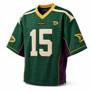 DRAVELLE Men's V-Neck Short Sleeve Soccer Jersey <b>Mesh</b> 100% Polyester Tackle Twill Print Number 15 Green Purple Gold - Product Image 2