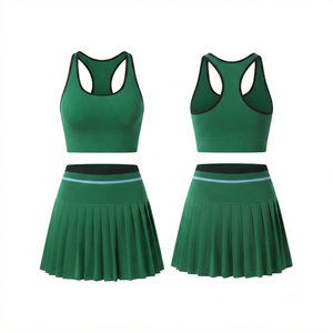 Women's Green Knitted Sporty 2 Piece <b>Set</b> Sleeveless Top Pleated Skirt Solid Color Breathable Spring Summer Workout Wear - Product Image 1