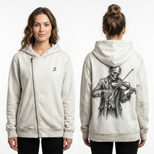 Sudadera con capucha blanca para mujer con cremallera lateral, efecto desgastado, diseño gráfico personalizado de esqueleto de violinista, arte musical, jersey. - Product Image 1