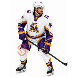 Custom <b>White</b> Purple Gold Sublimation Ice Hockey Jersey Uniform Set Custom Name Number Logo Team Wholesale - Product Image 1