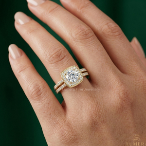 Anillo de compromiso de oro amarillo de 9K, 10K, 14K, 18K con diamante de laboratorio talla princesa y halo, de doble pavé, para mujer - Product Image 5