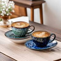 Handgefertigtes Porzellan-Kaffee-Set: 240ml Tasse mit Untertasse, 360ml Espresso-Becher im Wabi-Sabi-Stil mit Reaktivglasur, Hitzebeständiges Kunsthandwerk-Design
