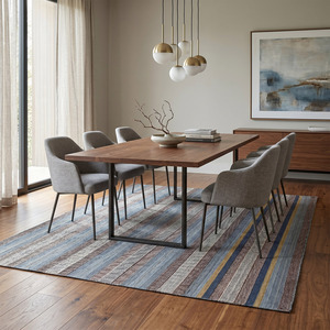 Tapis en laine DECORDEC à rayures verticales bleu poussière, marron et ivoire, antidérapant, écologique, tissé, pour salon, chambre et hôtel - Product Image 3