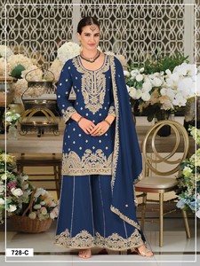 Traje Chinon Semisellado de Dhwaja Export con Bordado y Lentejuelas, Estilo Moderno para Bodas y Fiestas - Product Image 4
