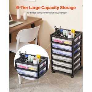 Carrello Portaoggetti a 6 Ripiani di Grande Capacità, Telaio Nero con Organizer Superiore e 4 Ruote Rimovibili, 6 Contenitori Trasparenti - Product Image 2