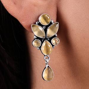 Pendientes Colgantes Florales Bohemios de Latón Oxidado Plateado con Circonitas para Mujer |   Joyería llamativa para fiestas con engaste de bisel, ideal para regalo - Product Image 4