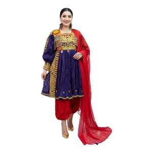Robe afghane Kuchi pour femmes, robe à broderies lourdes, longueur genoux, col bijou, manches longues, couleur contrastée, robe de soirée décontractée - Product Image 1