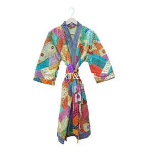 Kimono de Algodón Puro con Bordado Calado, Hecho a Mano, Multicolor, Estilo Kantha, Túnica Acolchada de Invierno, Ropa de Calle, Regalo para Mujeres y Madres, Cálido - Product Image 1
