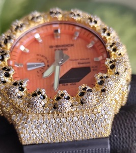 Montre de luxe pour homme, motif crâne orange, entièrement sertie de moissanite, style Hip Hop, finition dorée - Product Image 1
