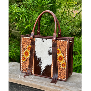Sac fourre-tout en cuir de vachette marron style western, sac à main floral gravé, sac à bandoulière avec poignée supérieure, grande capacité, fermeture éclair - Product Image 1