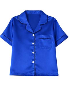 Ensemble de pyjama pour femme en satin bleu royal personnalisé, manches courtes, boutonné, style soie, deux pièces, ensemble de vêtements de nuit, shorts de détente - Product Image 1