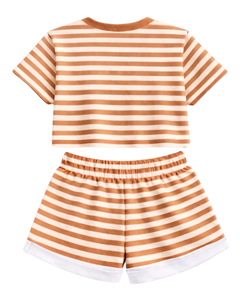 ชุดเซ็ตเสื้อครอปและกางเกงขาสั้นลายทางสีน้ำตาลขาวสำหรับผู้หญิง สไตล์ลำลองฤดูร้อน ชุดสองชิ้น เอวยางยืด ชุดลำลองใส่สบายๆ สตรีทแวร์ รับผลิตแบบ OEM - Product Image 4