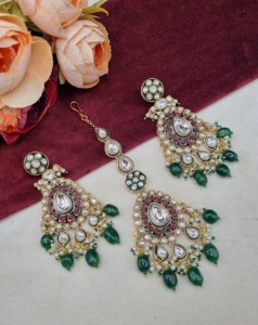Royal Long Kundan Stone <b>Necklace</b> Set With Earrings And Mangtika For Wedding Reception Festive Wear Ethnic Jewellery Manufacturer - Product Image 3