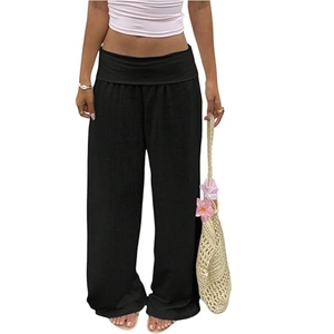 Women's High Waist Wide Leg <b>Pants</b> Solid Black Knitted Loose Fit Elastic Waist Full Length Casual <b>Summer</b> <b>Pants</b> - Product Image 1