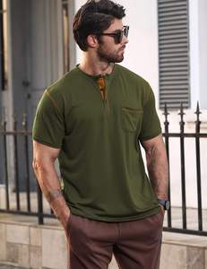 Camiseta Henley de Manga Corta para Hombre, Color Verde Oliva, Corte Regular, Ribete en Contraste, Antiarrugas, Tejido de Punto Casual - Product Image 3