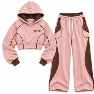 Conjunto de Sudadera Corta con Capucha y Pantalones Anchos Estilo Cargo Rosa Empolvado para Mujer al por Mayor con Ribete en Contraste Marrón, Proveedor OEM Personalizado - Product Image 3