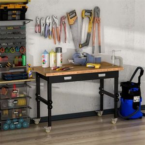 Banco da Lavoro in Bambù da 47 Pollici con Gambe Regolabili, Cassetto e Ruote - Tavolo da Lavoro per Falegnameria e Garage - Product Image 2