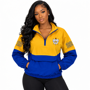 Pull à col zippé personnalisé Sigma Gamma Rho Sorority, bleu et or, avec logo brodé, décontracté pour femme, vêtements grecs - Product Image 1