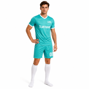 Men's <b>Light</b> Blue Soccer Jersey Set V-<b>Neck</b> Short Sleeve Football Uniform Custom Team Name Logo Quick Dry - Product Image 1
