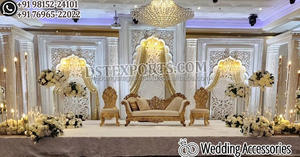 Tamilian Wedding Golden Dev Pillars Stage Decor South Indian Wedding Reception Stage Grandeur Wedding Stage With Dev Pillars USA - Product Image 3
