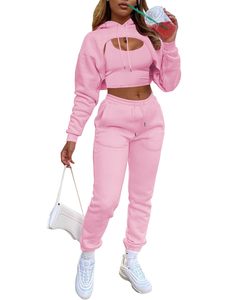 Fabricante OEM, Conjunto Deportivo Informal para Mujer, Sudadera con Capucha de Manga Larga, Color Sólido, Top Corto Holgado, Pantalones Deportivos de Algodón - Product Image 1