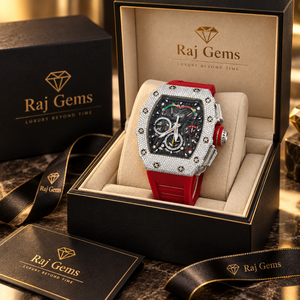 Montre mécanique de luxe pour homme Raj Gems, boîtier en acier inoxydable, bracelet en silicone rouge, chronographe analogique, ovale 30 mm, mouvement ETA, lumineuse, tendance - Product Image 1