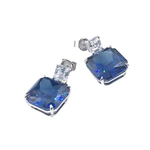 Boucles d'oreilles pendantes pour femmes en argent 925 de luxe avec incrustation de zircon cubique, design Art déco, plaqué or rose, forme géométrique, pierre bleue tendance - Product Image 1