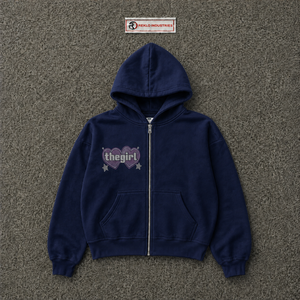 Custom <b>Navy</b> Blue Zip Up Hoodie Women Oversized Heart Graphic Rhinestone Streetwear Full Zipper Hooded <b>Sweatshirt</b> Casual Fashion - Product Image 5