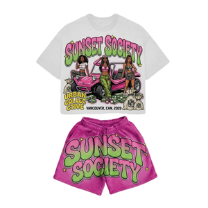 Conjunto de Camiseta de Manga Corta y Pantalones Cortos con Estampado Gráfico Vintage Personalizado, Diseño Y2K Streetwear Sunset Society, Conjunto de Dos Piezas - Product Image 4