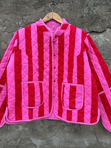 Pink Strip Print Cotton Quilted Women Jackets Winter Coat Reversible Jacket - Product Image 3