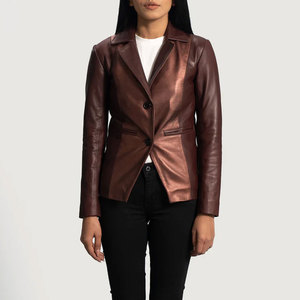 Women Maroon and Metallic Bronze Real <b>Leather</b> <b>Blazer</b> <b>Jacket</b> Slim Fit Premium Sheepskin Two-Tone Formal Casual Business Outerwear - Product Image 1