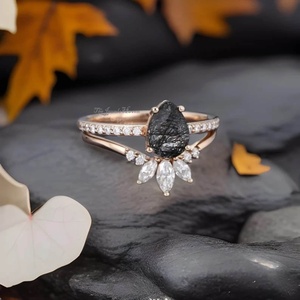 <b>925</b> Sterling <b>Silver</b> Women Pear Natural Pear shaped Black Rutilated Quartz Engagement <b>Ring</b> Marquise Cut Band <b>Rings</b> Anniversary - Product Image 4