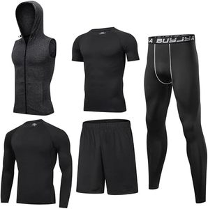 Ensemble de vêtements de sport pour homme, veste à capuche compressive, t-shirt à manches longues, short, pantalon, séchage rapide, coupe ajustée, noir - Product Image 1