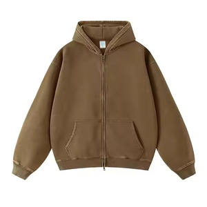 Sweat à capuche zippé intégral en molleton épais polyester/coton délavé à l'acide pour homme, hiver, avec col à capuche et poches, motif uni, teinture unie - Product Image 1