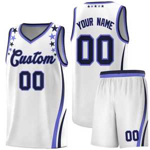 Ensemble de maillots de basket-ball blancs et bleus avec étoiles, sublimés, col en V, sans manches, en maille respirante, uniforme pour adultes unisexe - Product Image 1