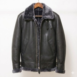 Men's <b>Sheepskin</b> Shearling Leather <b>Jacket</b> Casual Flight Coat with Zippered Closure Genuine Leather Fur Bomber <b>Jacket</b> - Product Image 1