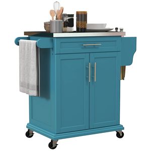 Carrello da Cucina Compatto con Isola e Spazio di Archiviazione, Piano in Acciaio Inox, Portatile, in Quercia, per Sala da Pranzo, Blu - Product Image 1