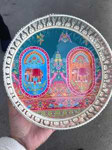 Handcrafted <b>Elephant</b> Palace German Silver <b>Decorative</b> Tray Handmade Iron Round Serving Tray Luxury Rajasthani Art Display Platter - Product Image 6