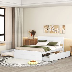 Letto Matrimoniale Moderno con Letto Estraibile Singolo e 2 Cassetti, Colore Bianco Lucido e Bianco Lavato - Product Image 3