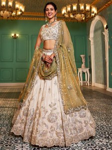 Beige Silk Floral Embroidery Floor-Length <b>Lehenga</b> Choli Set Pink Dupatta Wedding Indian Pakistani Dress <b>Women</b> Summer Winter - Product Image 5