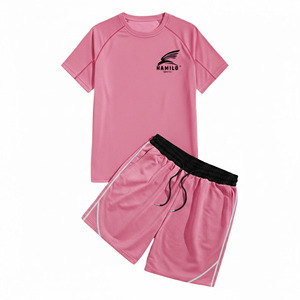 Ensemble t-shirt et short de sport pour homme, gris, séchage rapide, coupe classique, avec logo imprimé sur le devant - Product Image 3