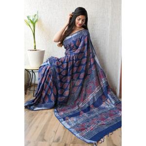 Magnifique sari en lin imprimé avec chemisier en lin, look traditionnel et contemporain, provenant d'un fournisseur indien pour l'exportation en gros. - Product Image 5