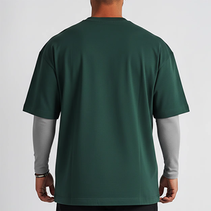 T-shirt en jersey de coton vert foncé à manches courtes et col rond pour homme, coupe classique, couleur unie, respirant, tricoté - Product Image 4