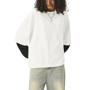 Custom Women Layered T Shirt Heavyweight Cotton Oversized Drop Shoulder <b>White</b> Long Sleeve Streetwear <b>Tee</b> - Product Image 5